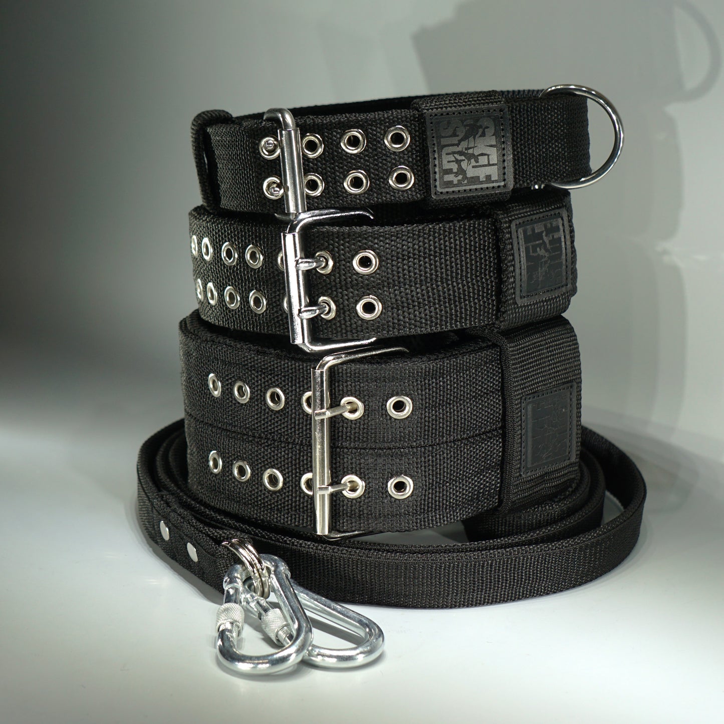 Black POWER PACK set: Collars 4 cm, 5 cm, 8 cm + Leash