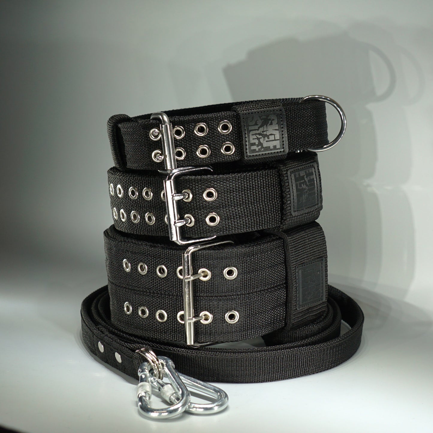 Black POWER PACK set: Collars 4 cm, 5 cm, 8 cm + Leash