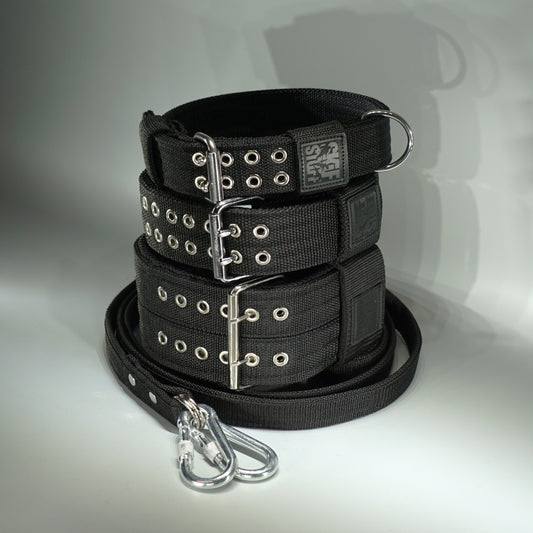 Black POWER PACK set: Collars 4 cm, 5 cm, 8 cm + Leash 
